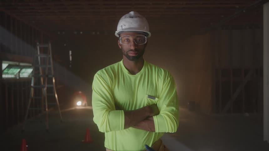 Man wearing a helmet and safety glasses with his arms crossed at a construction site