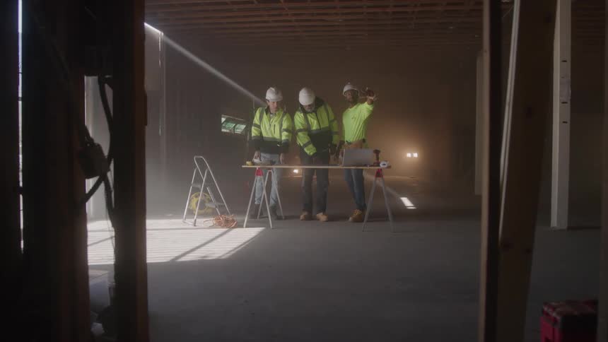 Three male construction workers wearing hard hats and reflective safety vests are looking at a laptop and blueprints on a table in a dusty unfinished building with sunlight streaming through a window