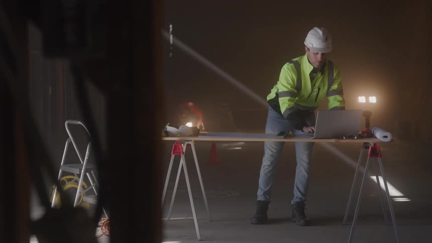Construction worker wearing a helmet and typing on a laptop computer at a framed house indoors during day time