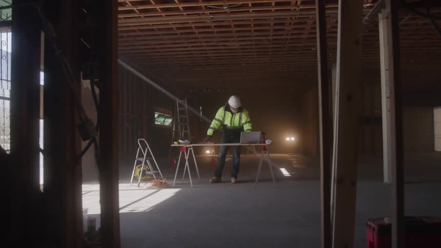 Civil engineer working at a table in an interior space of a construction site