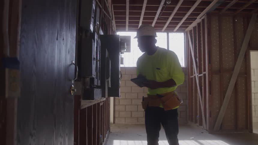 A silhouetted construction worker in a neon yellow shirt and hard hat stands in an unfinished room he looks at a clipboard while standing next to a breaker box on a wall