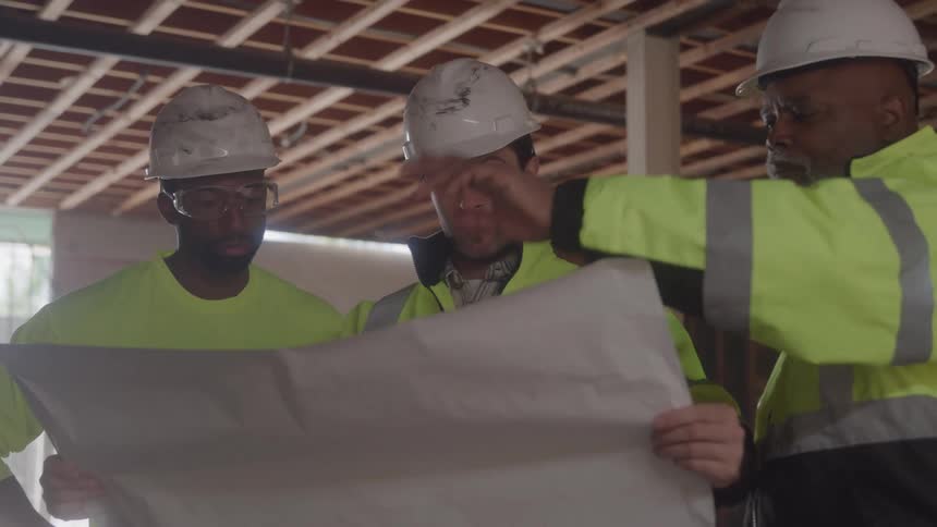 Three male construction workers all wearing hard hats and safety vests are looking at blueprints inside a building with visible wooden framing