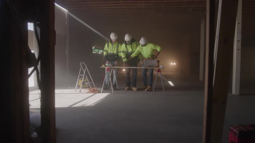 Three men in helmets and vests working on a table at a construction site