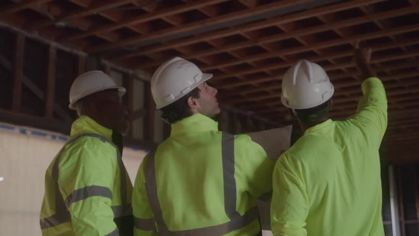 Three construction workers in hard hats and safety vests stand together looking up at the ceiling one person points to the ceiling seemingly discussing the work with the others