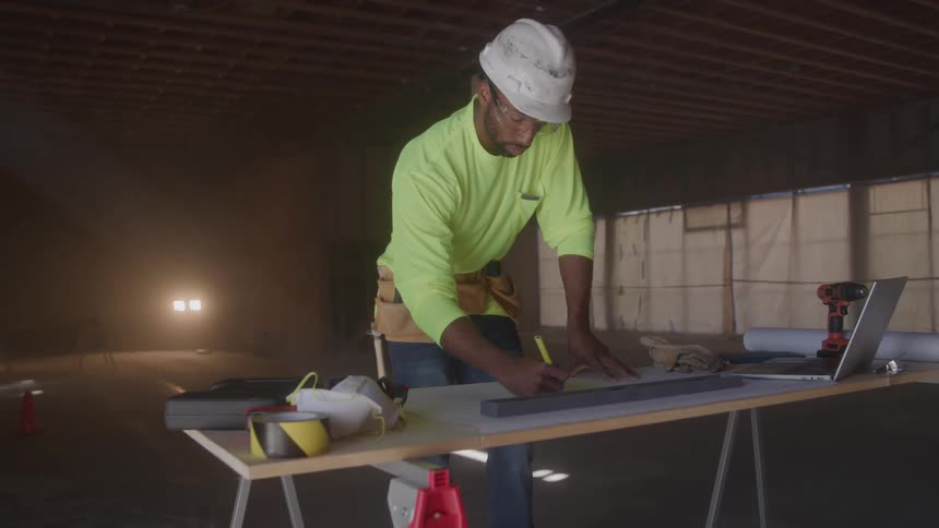 Engineers wearing hard hats and safety glasses drawing a blueprint on an unfinished construction site