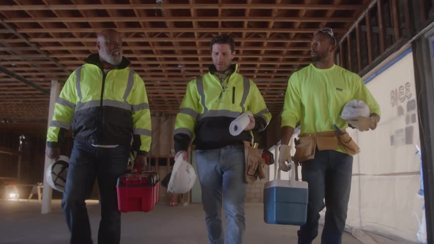 Three construction workers walk toward the camera through a dusty unfinished room they are all wearing highvisibility shirts jeans and work boots and are carrying various supplies