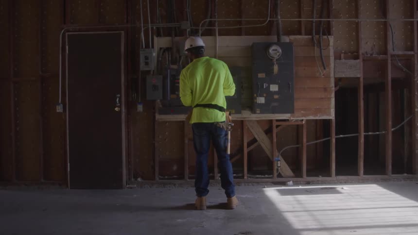 Man working in the electrical sector of an unfinished construction site