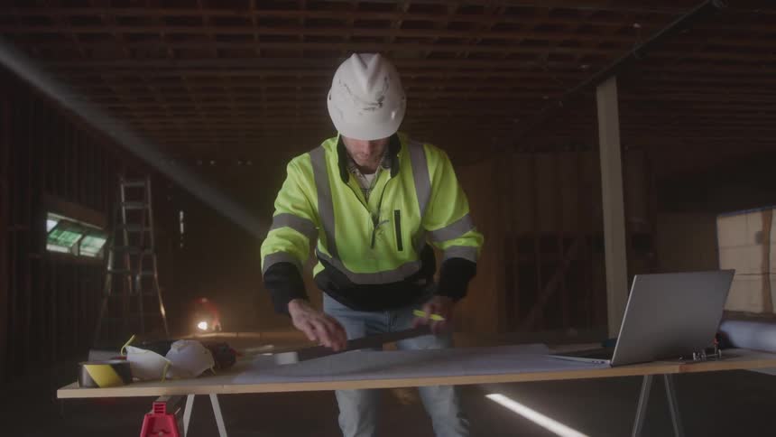 Man in helmet drawing a project while on a construction site