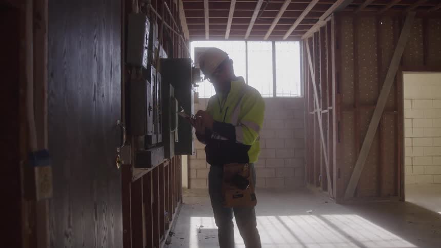Engineer wearing a helmet checking the electrical section of an unfinished project