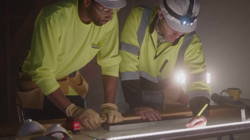 Two men work on a project in an indoor space