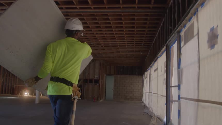 Worker wearing a helmet carries a large drywall sheet on his shoulder at a construction site