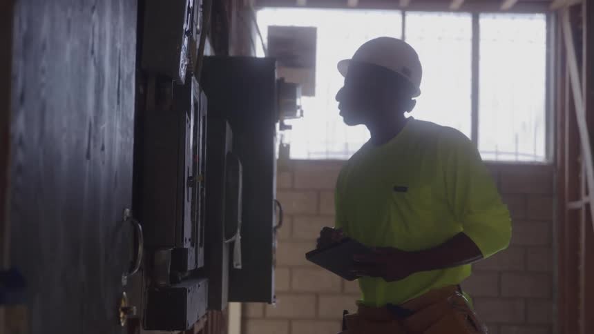 A male africanamerican construction worker in a hard hat and reflective vest stands next to an electrical box and looks at a clipboard with bright daylight streaming through a window in the background