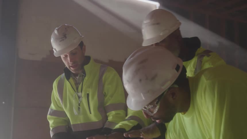 Three men in hard hats and safety vests working