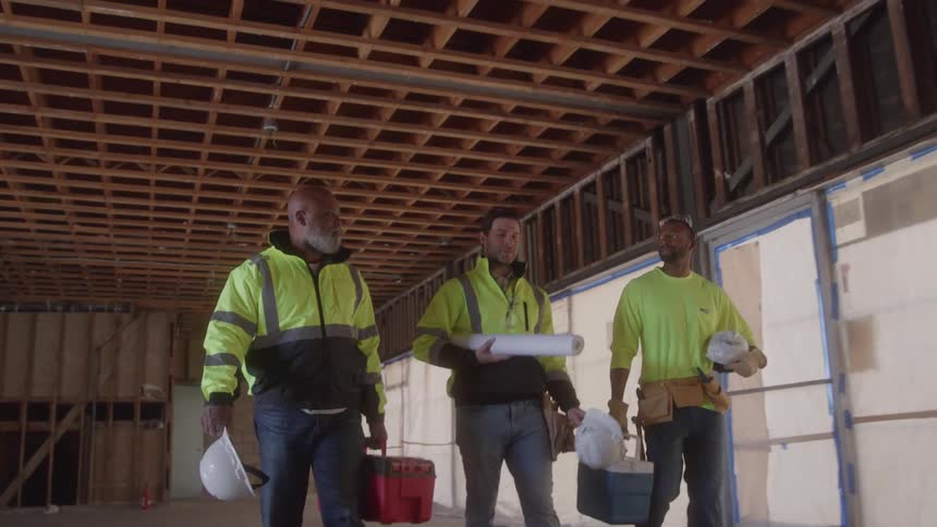 Three male construction workers are talking and walking in an unfinished building