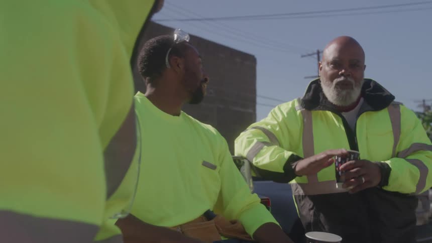Three male workers wearing visibility vests chat outdoors