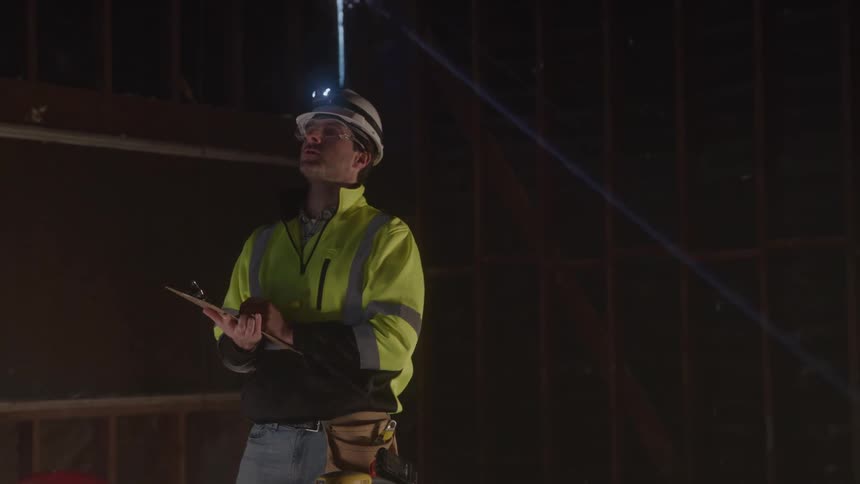 A male construction worker wearing a white hard hat with a headlamp a yellow reflective jacket and a tool belt stands in a dark unfinished building with his clipboard and looks around at the exposed wooden framing