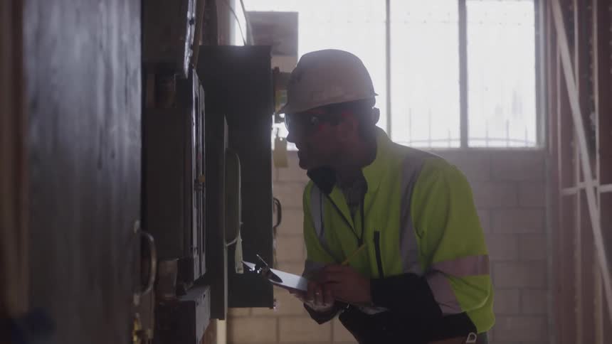 A male construction worker wearing a white hard hat and a reflective vest stands in an unfinished building and writes on a clipboard next to a row of electrical panels
