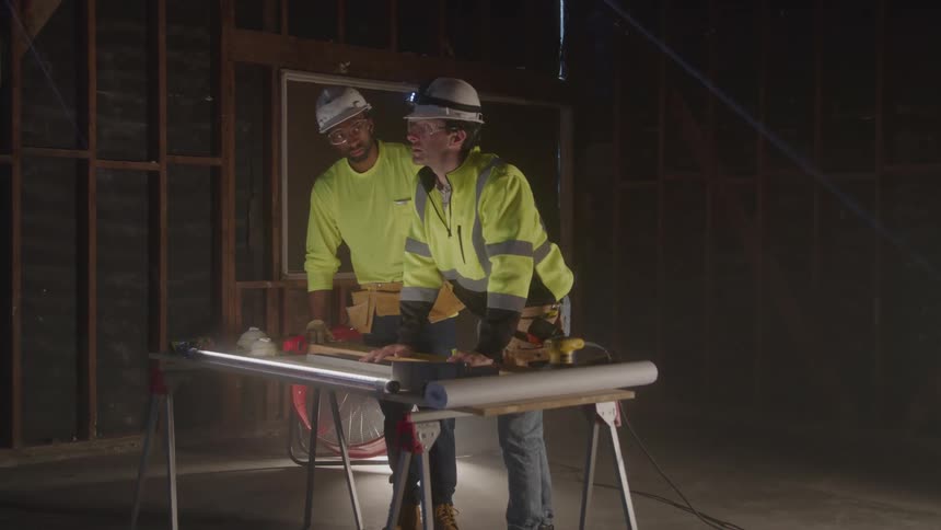 Two workers wearing helmets and reflective vests review plans on a lit workbench