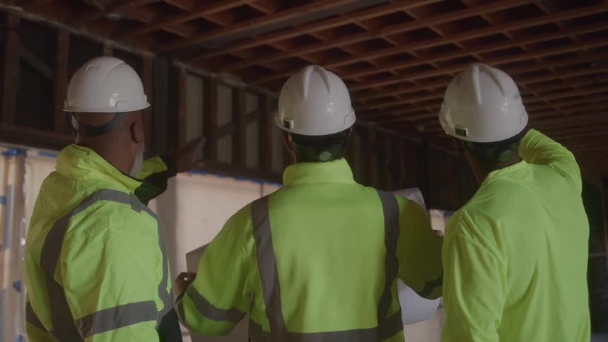 Three construction workers wearing white hard hats and neon yellow safety vests stand in a dusty room they huddle around a blueprint and point at it while discussing the plans