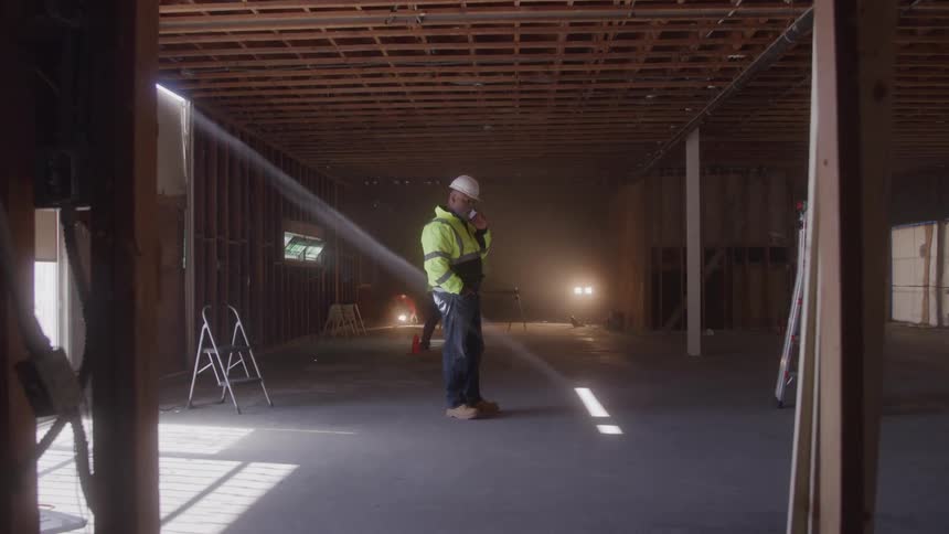 A construction worker wearing a green safety vest and a hard hat stands on a construction site making a call on his phone while two other workers behind him place traffic cones on the ground