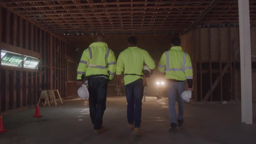 Three construction workers in bright yellow safety vests and hard hats walk away from the camera through a dusty unfinished room they are walking toward a set of work lights in the distance
