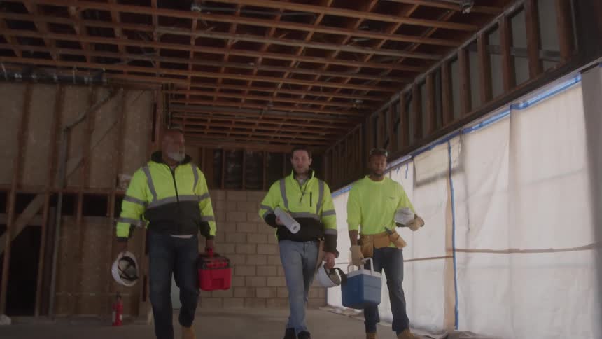 Three men wearing helmets walking on a construction site indoors