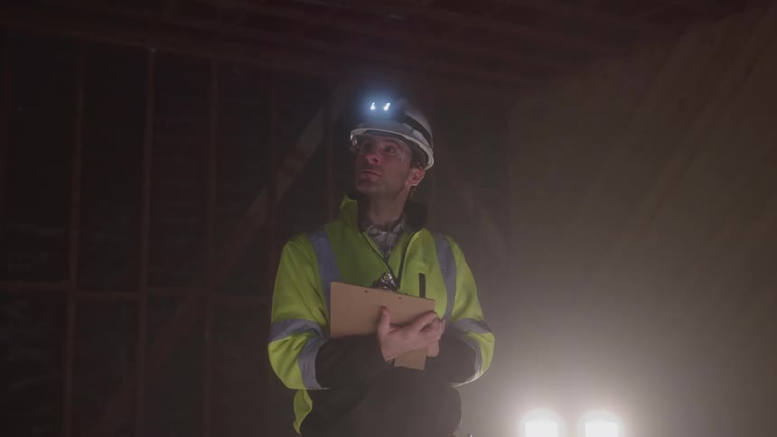 A construction worker wearing a neon yellow shirt jeans and a hard hat walks away from the camera they carry a few white boards on their shoulder passing by a wall covered in plastic sheeting