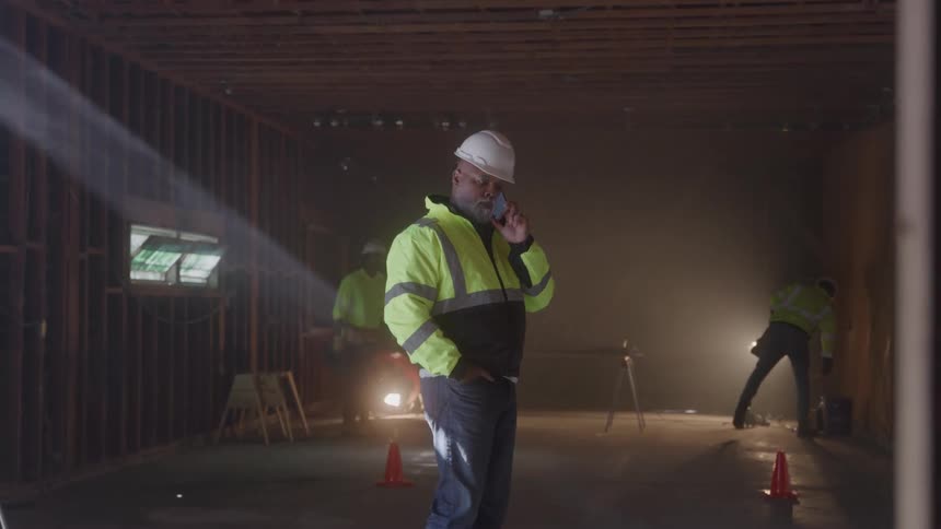 Worker wearing a helmet and reflective vest talks on the phone inside an ongoing construction site