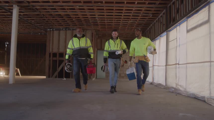 Three male construction workers walking inside a framed house indoors during day time
