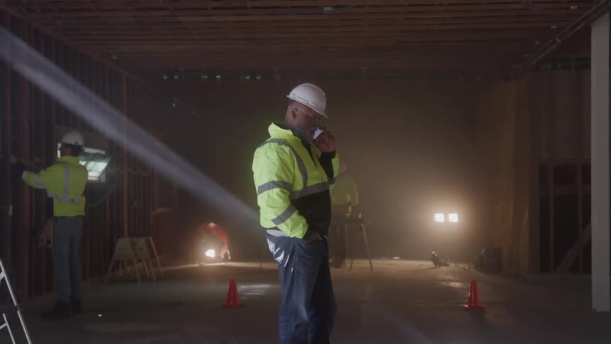 Construction worker wearing a hard hat and green safety vest standing indoors talking on his phone while two other workers behind him continue building an apartment