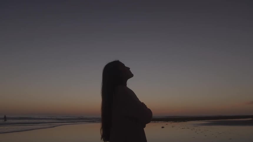 Silhouette of a woman on the beach at dusk