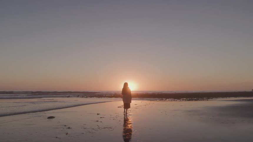 Person walks alone on the beach toward the sunset