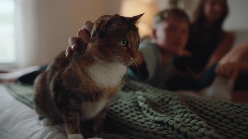 Boy petting a cat lying on the bed with a little girl beside him as their father reads a storybook aloud and the mother sits nearby