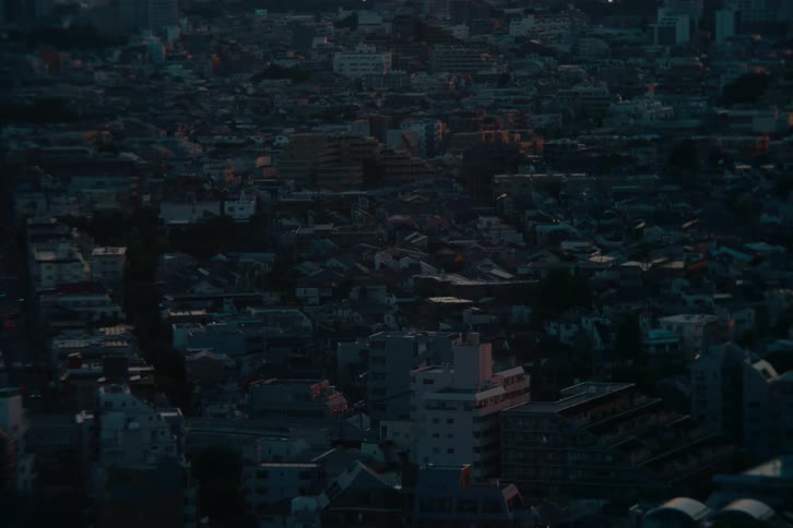 A shot from above shows a sprawling densely packed cityscape at dusk the city lights twinkle as the natural light fades giving the scene a serene slightly muted tone