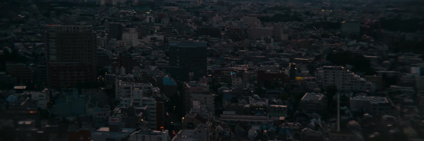 A highangle drone shot captures a sprawling densely packed cityscape at dusk the camera is stationary showing the vast number of buildings as the city lights begin to illuminate the scene