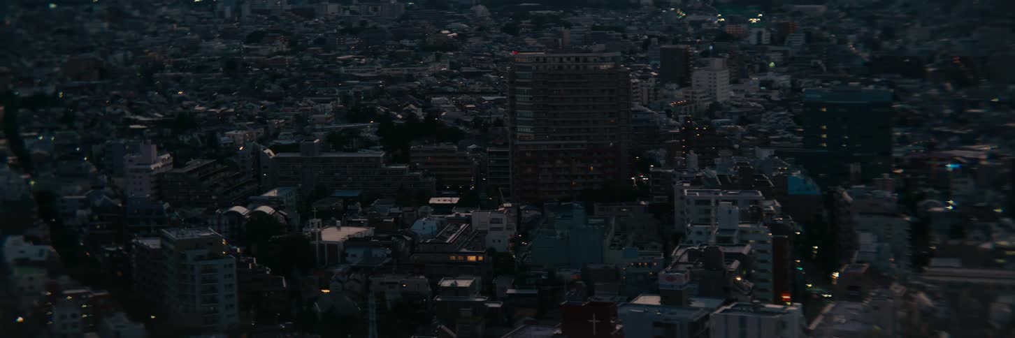 Traffic flows through a sprawling city in the evening