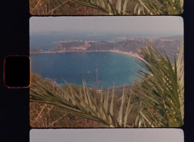 Cinematic Super 8mm coastal landscape reveal: palm leaves in the foreground frame a sweeping view of a turquoise bay, coastal town, and rolling hills, capturing a nostalgic vintage travel aesthetic with warm analog film grain