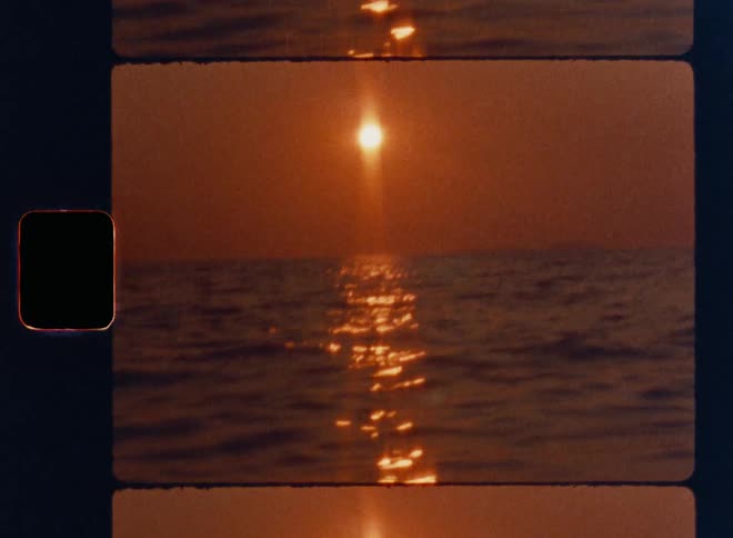 Golden sunset over calm ocean waters captured on Super 8mm film, featuring the sun hanging low above the horizon with shimmering reflections; nostalgic vintage seascape perfect for retro visuals, cinematic atmospheres, and analog aesthetics