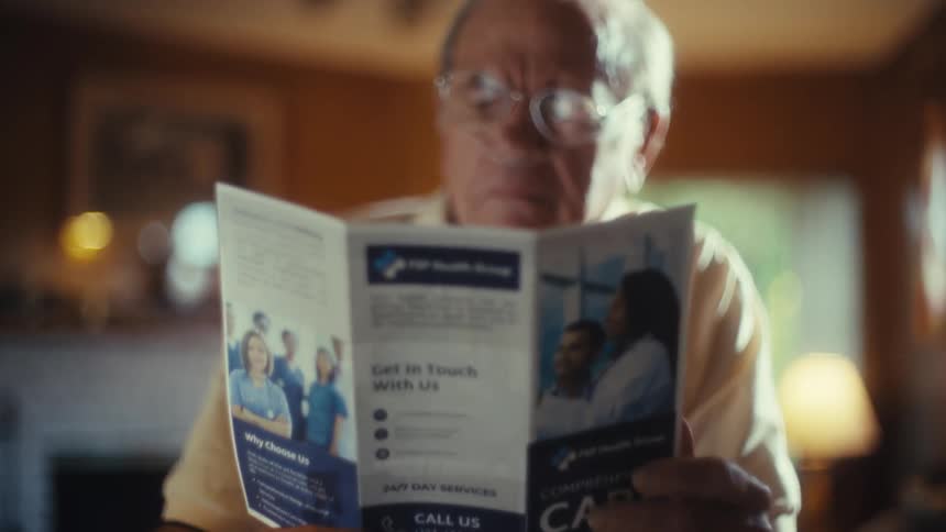 The man is reading a brochure at home