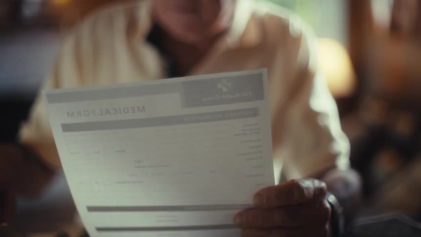 An elderly man holds a document with two hands and moves it to look at it