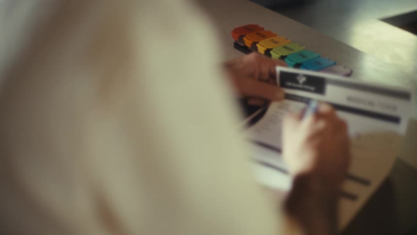 A person is sitting at a table and filling out a medical form with a weekly pill organizer visible in the background