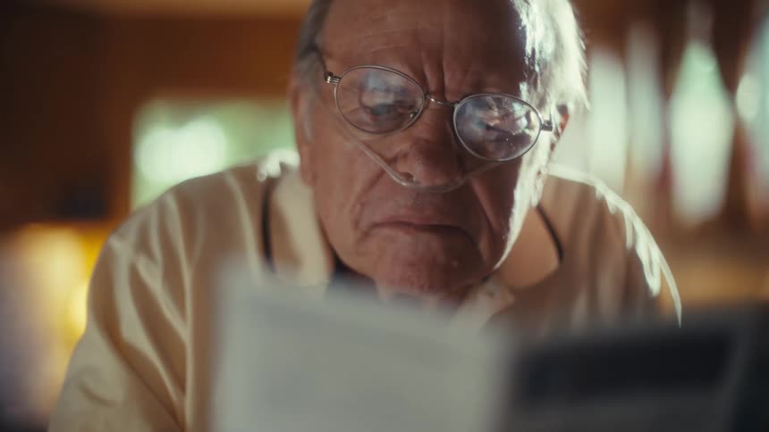 An elderly man with glasses and a nasal cannula reads a document intently