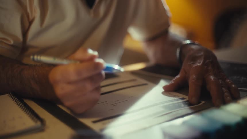 An elderly man wearing glasses fills out a medical form with a pen his hands prominently in the foreground