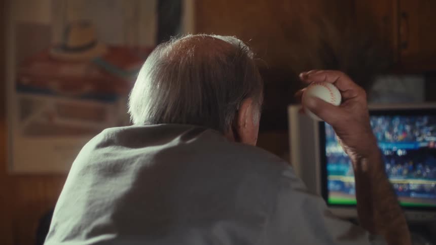 The man waves the baseball and is yelling at the baseball game on the television