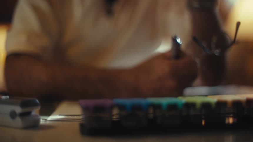A male senior citizen with glasses and a nasal cannula is sitting in his home and reading a medical form