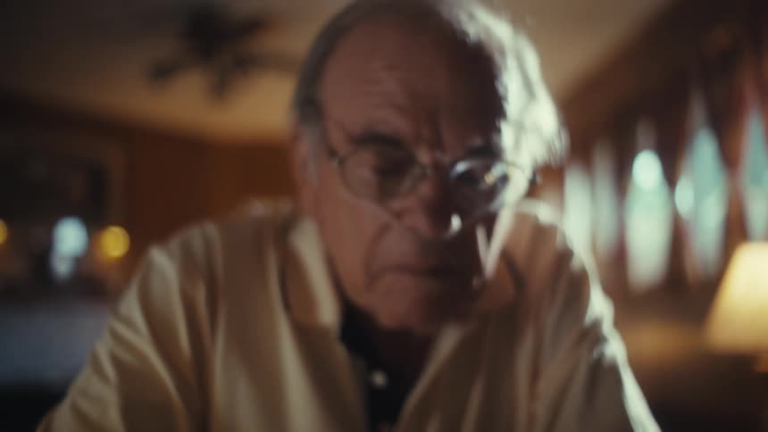 Elderly man sitting indoors wearing glasses watching a pulse oximeter clipped to his index finger as it takes a reading