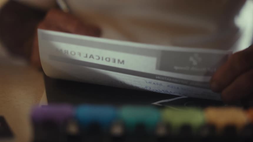 Hand writing on a form with a pill organizer blurred in the foreground