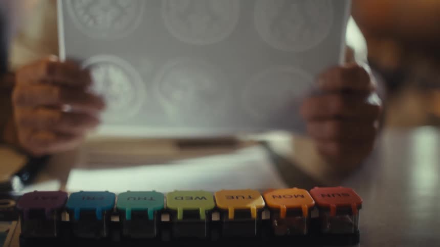 Colorful weekly pill organizer on the table with a person holding papers in the background