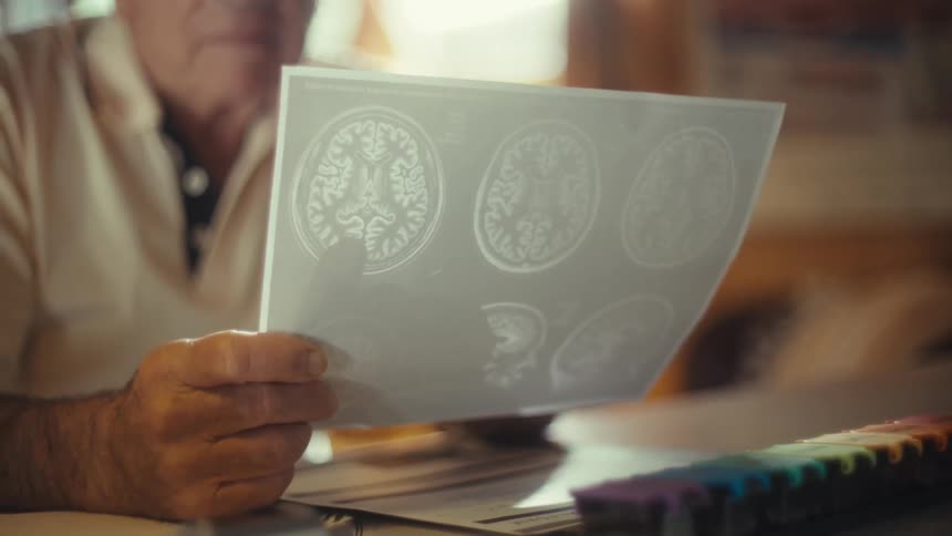 Elderly man holds brain mri scans over the table