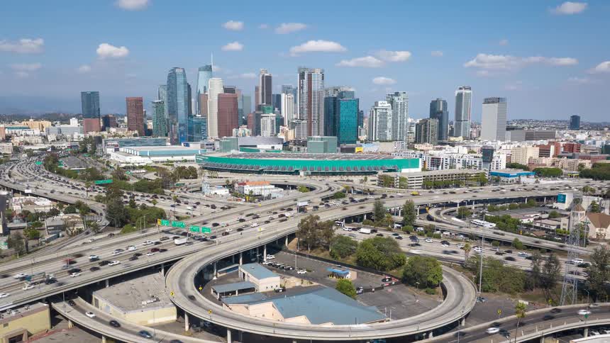 A major highway interchange near downtown Los Angeles